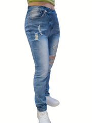 Ripped Asymmetric Mid Waist Button Fly Stretch Jeans