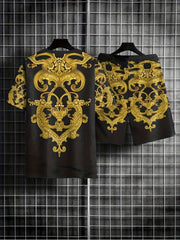 Ethnic Style 2 Piece Outfit Men's Short Sleeve T-shirt and Shorts Set