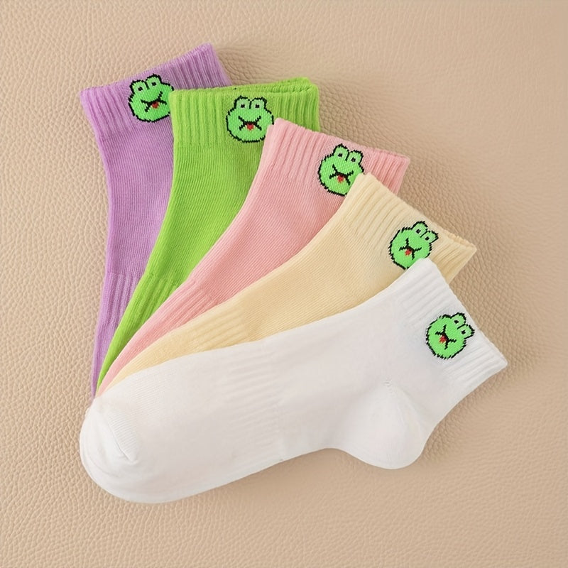 5 Pairs Frog Print Socks Low Cut Crew Women's Stockings