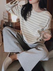 Stripe Print Pajama Set Long Sleeve Top & Lounge Pants Women's Sleepwear