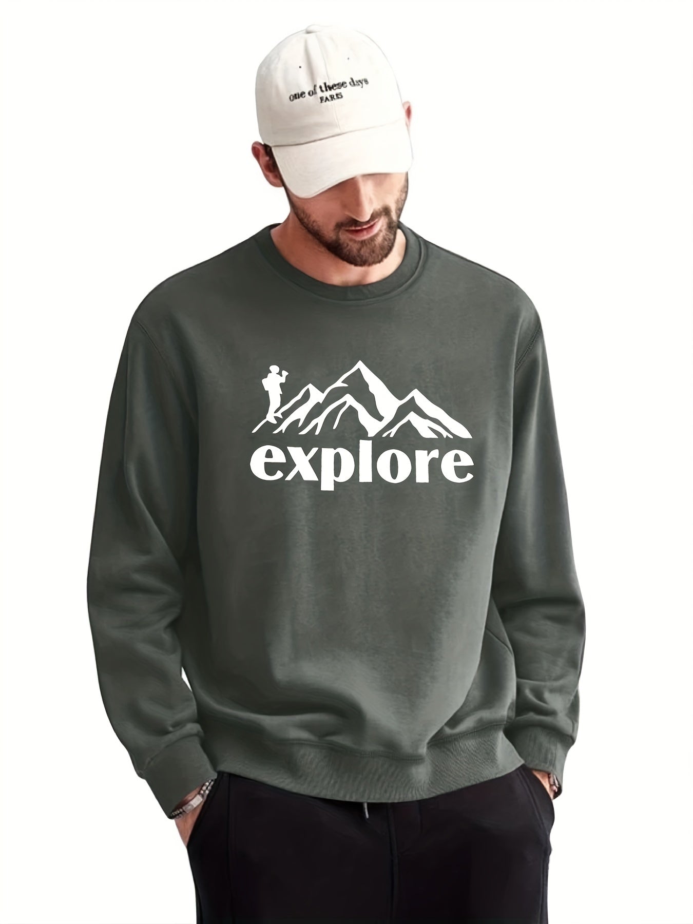 Graphic Mountain Print Sweatshirt Men's Casual Crew Neck Pullover Sweatshirt