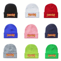 Flame Letter Embroidery Knitted Beanie Hat Winter Warmth Sports Elasticity