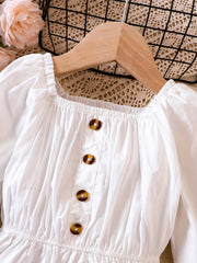Ruffle Cuffs Button Square Neck Puff Sleeve Shirt