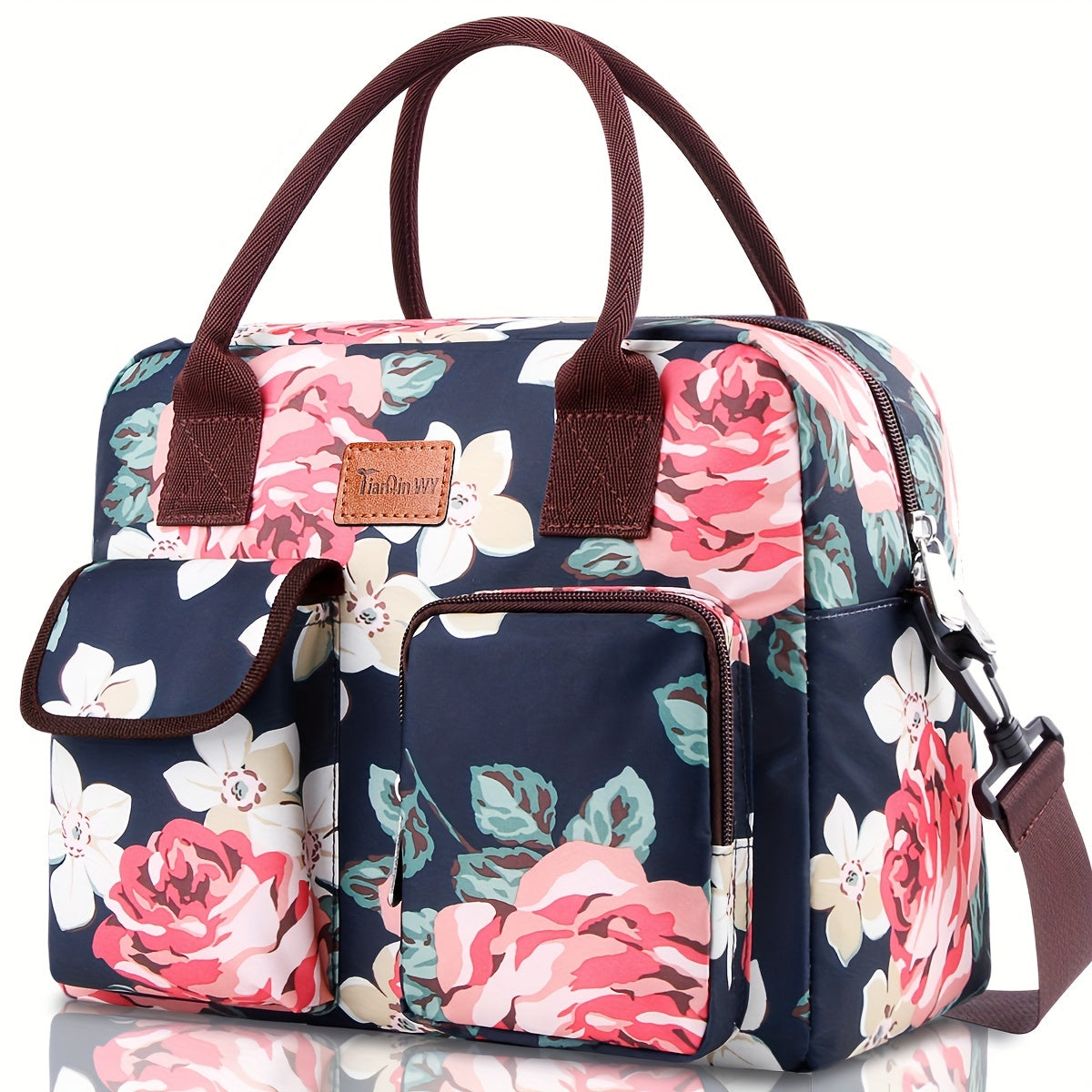 Insulated Lunch Bag Flower Pattern Shoulder Strap Keep Food Fresh