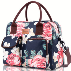 Insulated Lunch Bag Flower Pattern Shoulder Strap Keep Food Fresh