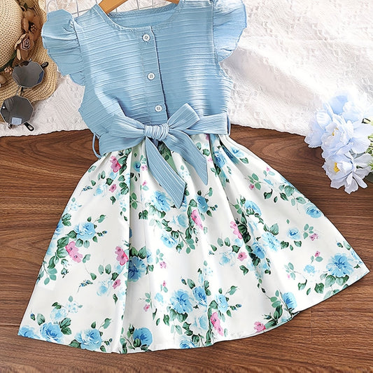 Girls Floral Print Ruffle Sleeve Dress with Belt