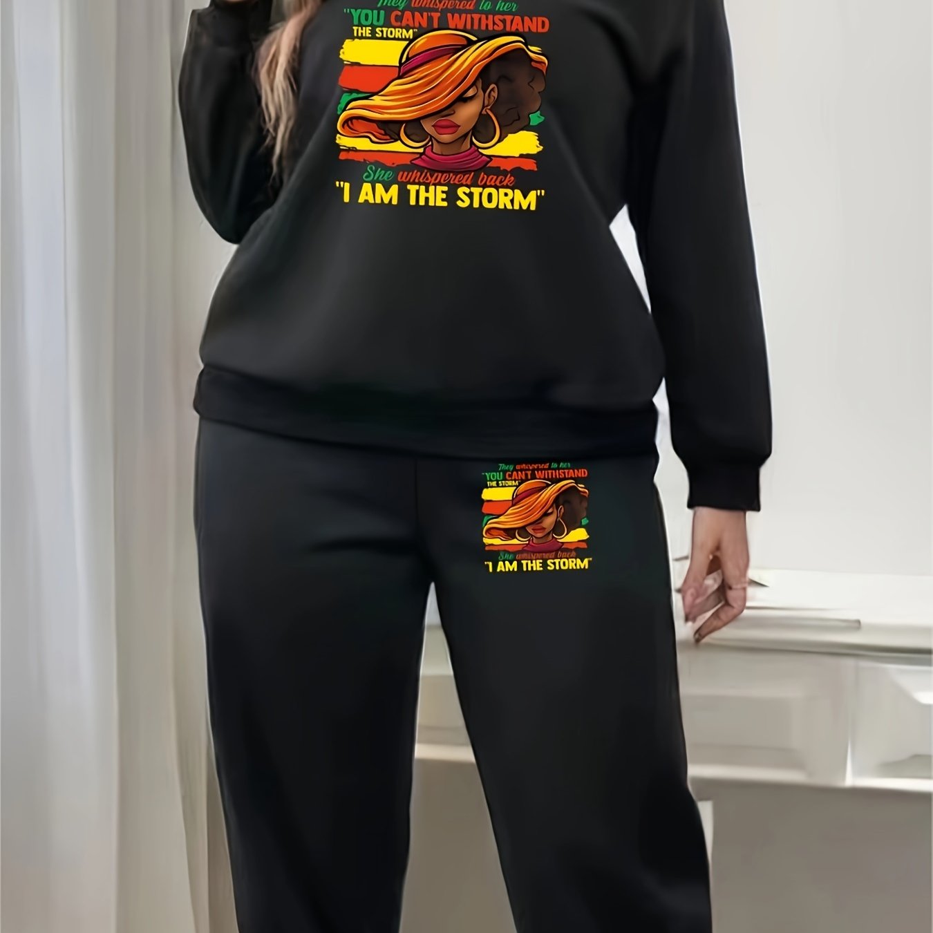 Women's Plus Cartoon Figure Print Fleece Top & Joggers Set
