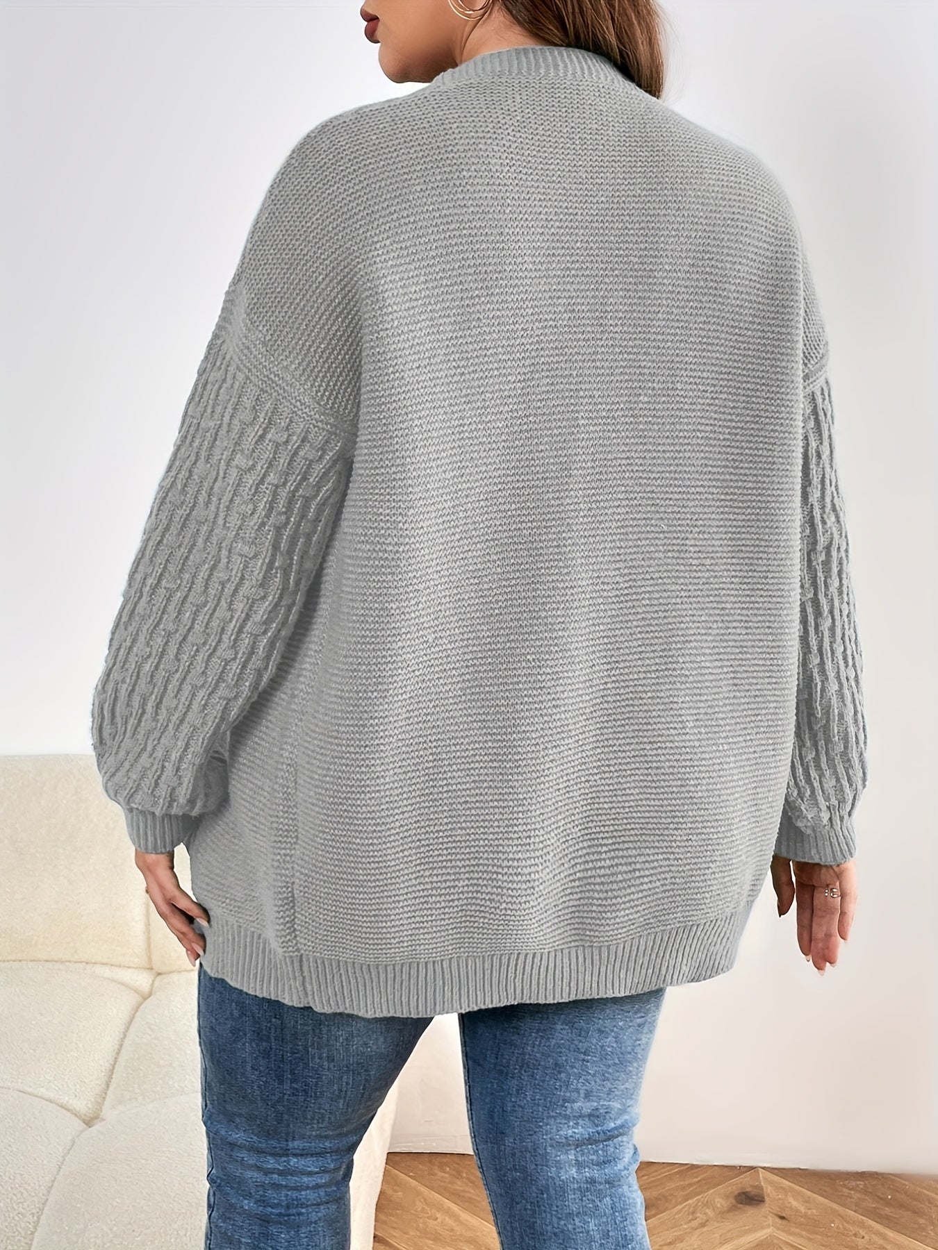 Plus Size Solid Lantern Sleeve Open Front Cardigan