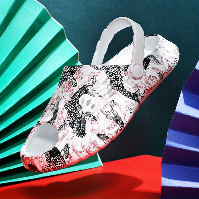Men's Koi Print Non Slip Platform Slides Comfortable Slides For Indoor Outdoor