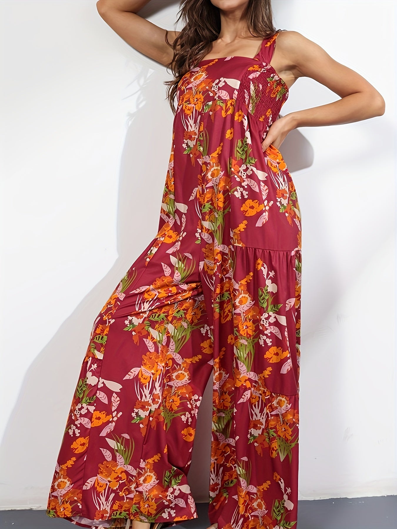 Floral Print Wide Leg Overalls
