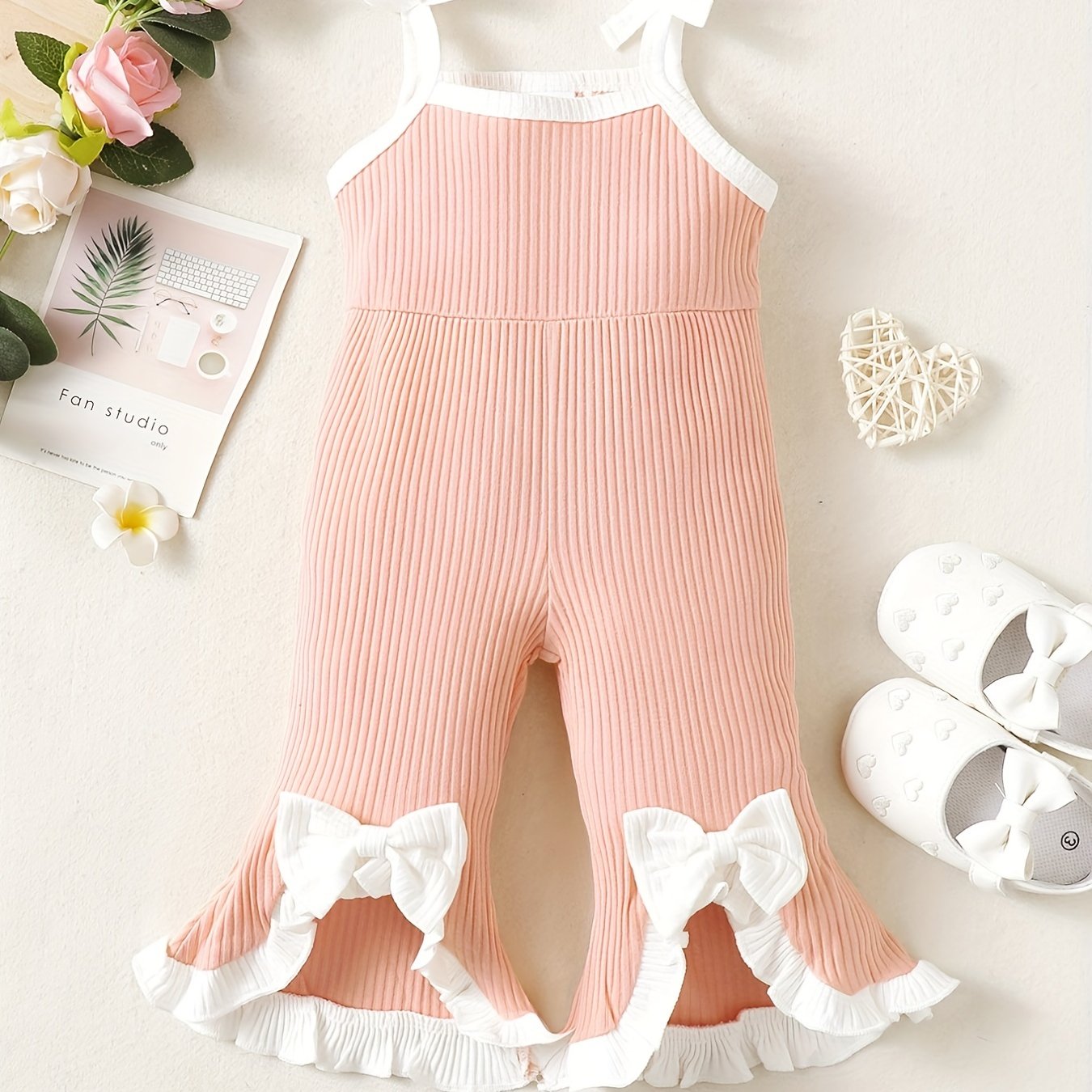 Infant Girls Bow Ruffle Knitted Ribbed Jumpsuit