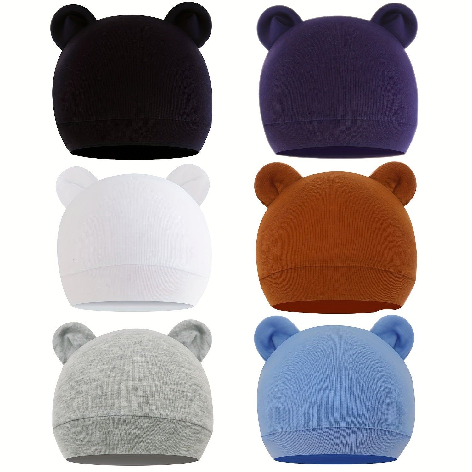 6 Pack of Bear Ears Hats for Newborns & Toddlers - Unisex Beanie Caps
