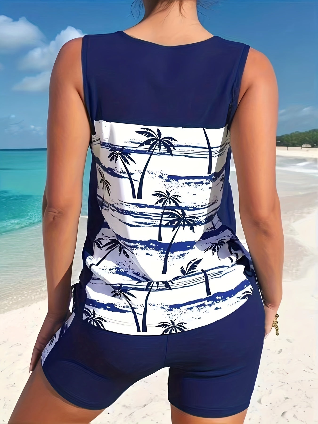 Coconut Tree Print Tankini Sets V Neck Criss Cross Strap Boxer Short Swim