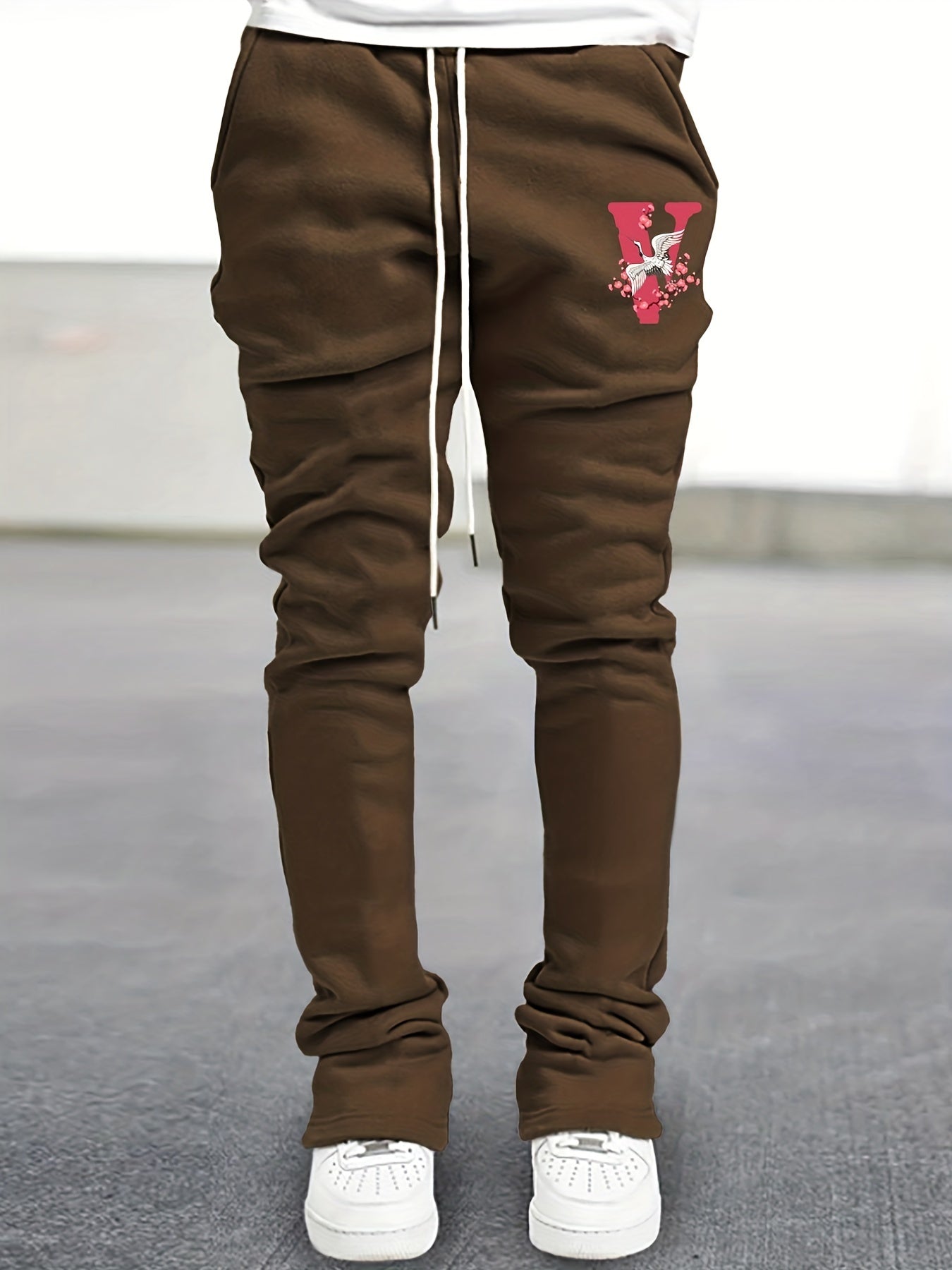 Crane & Floral Print Flared Trousers Men's Hip Hop Joggers