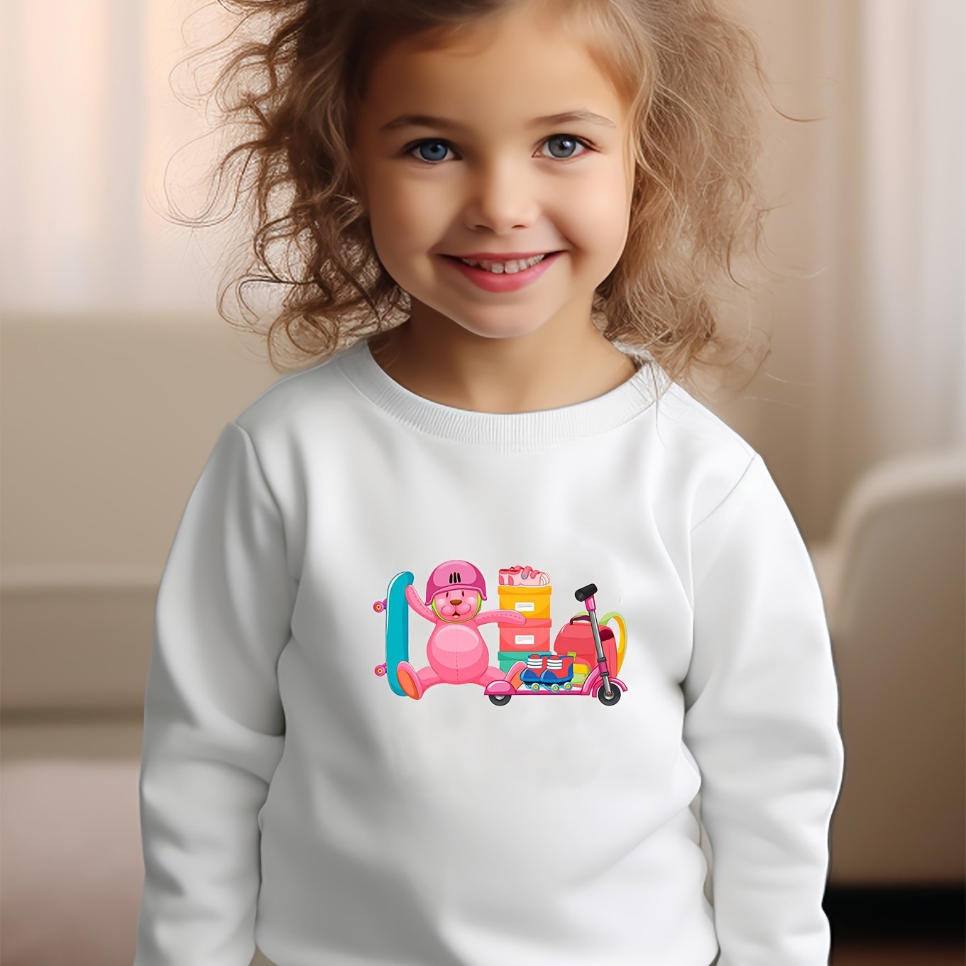 Girls Rabbit Pattern Crew Neck Sweatshirt For Spring Fall Christmas Gift