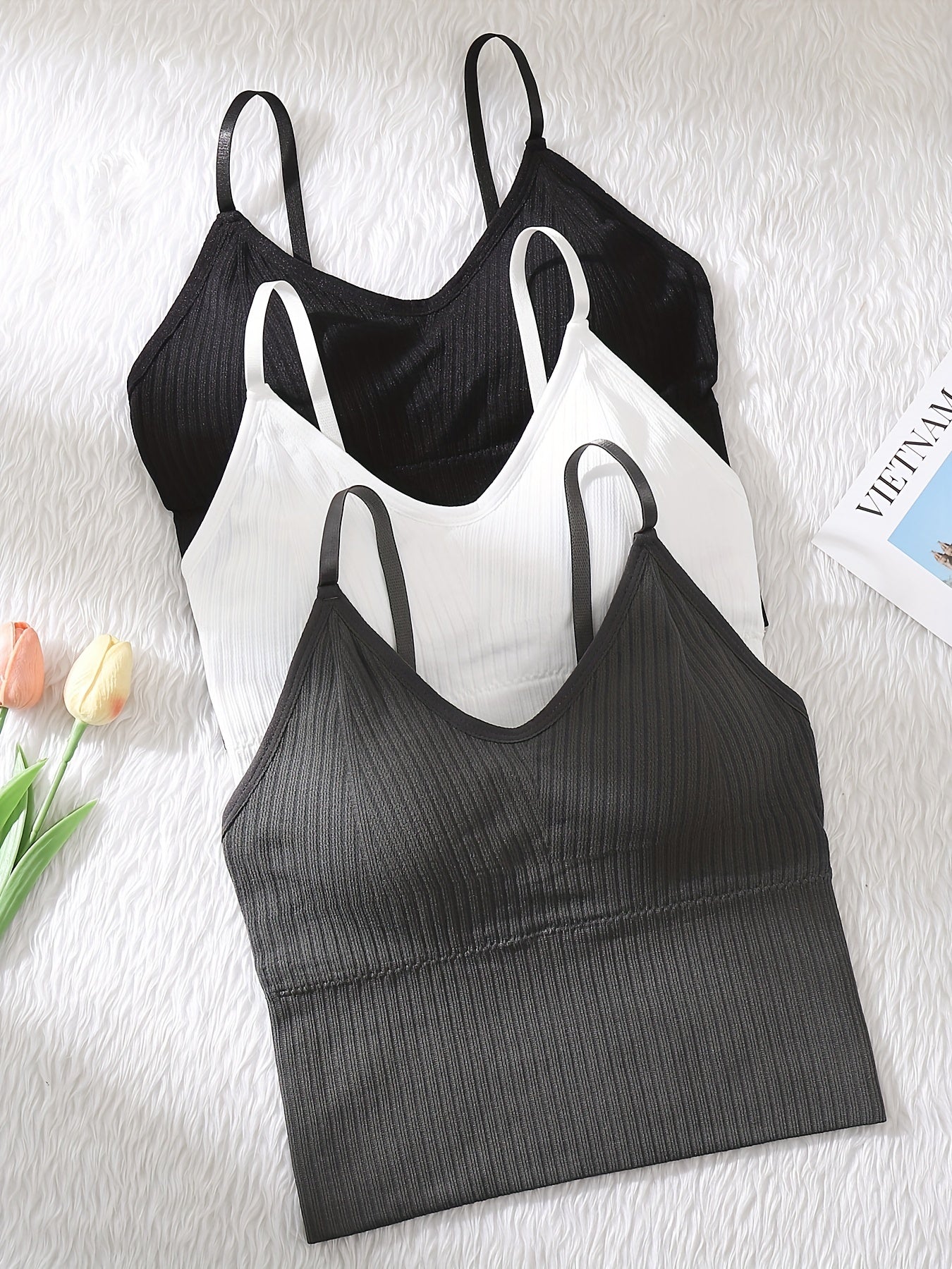 3pcs Ribbed Cami Tops V Neck Sleeveless Casual & Comfy