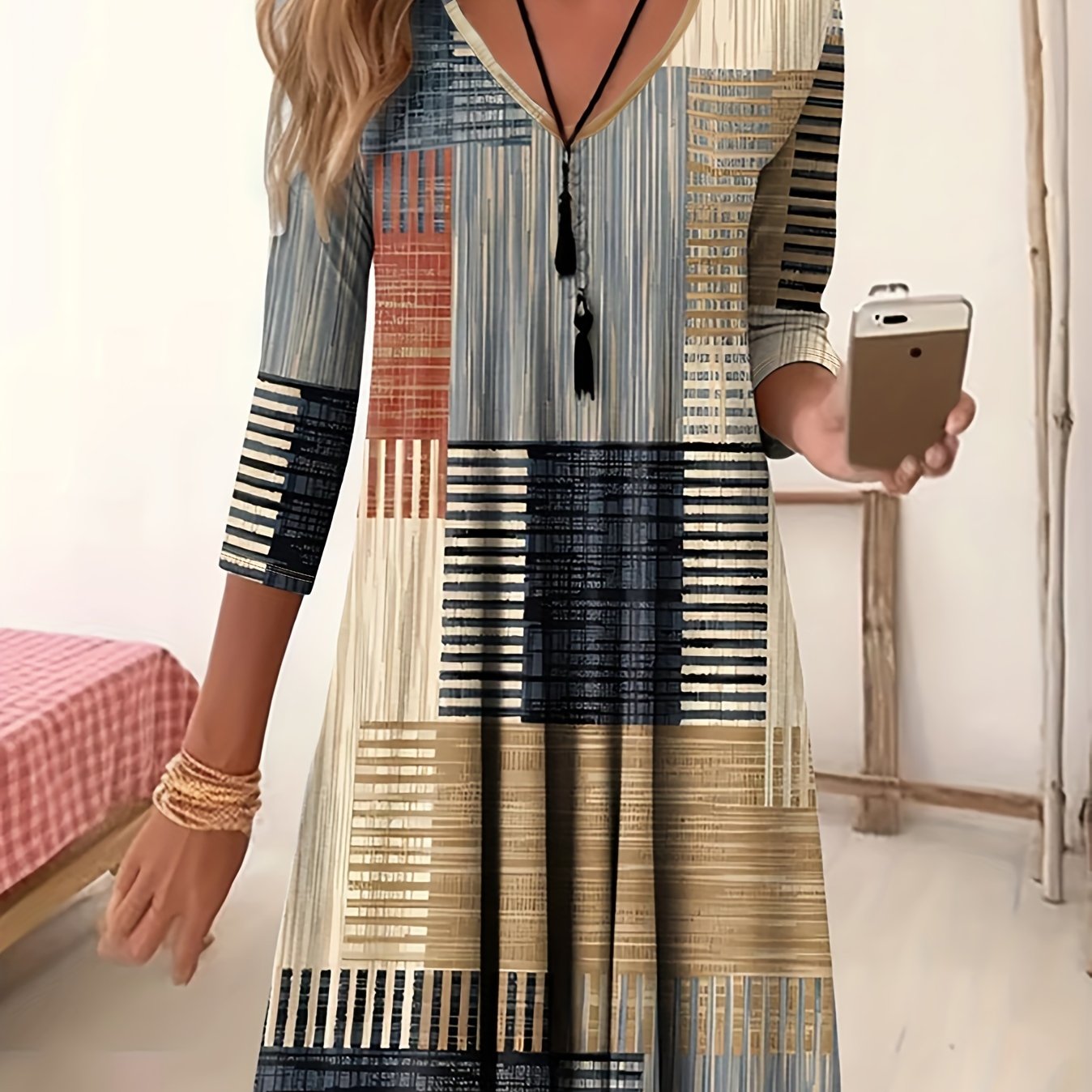 Patchwork Print Long Sleeve V Neck Dress