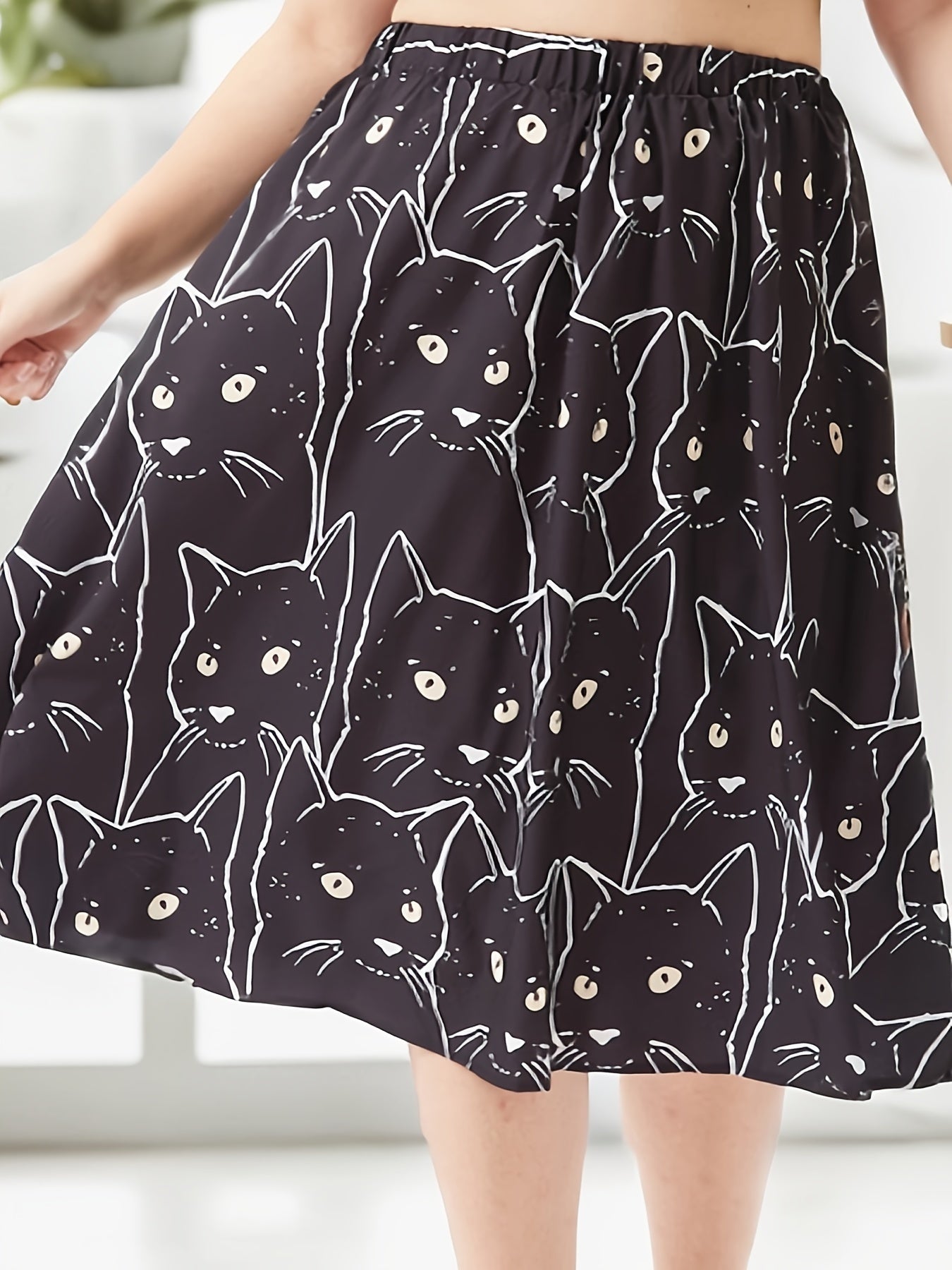 Allover Cat Print A Line Skirt, Elastic High Rise Knee Length