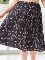 Allover Cat Print A Line Skirt, Elastic High Rise Knee Length