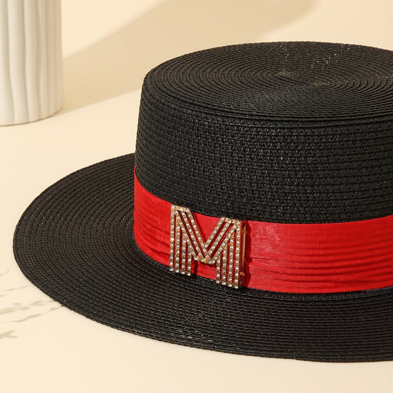 Rhinestone M Label Sun Hat Classic Straw Jazz Hats Foldable Summer Travel Beach