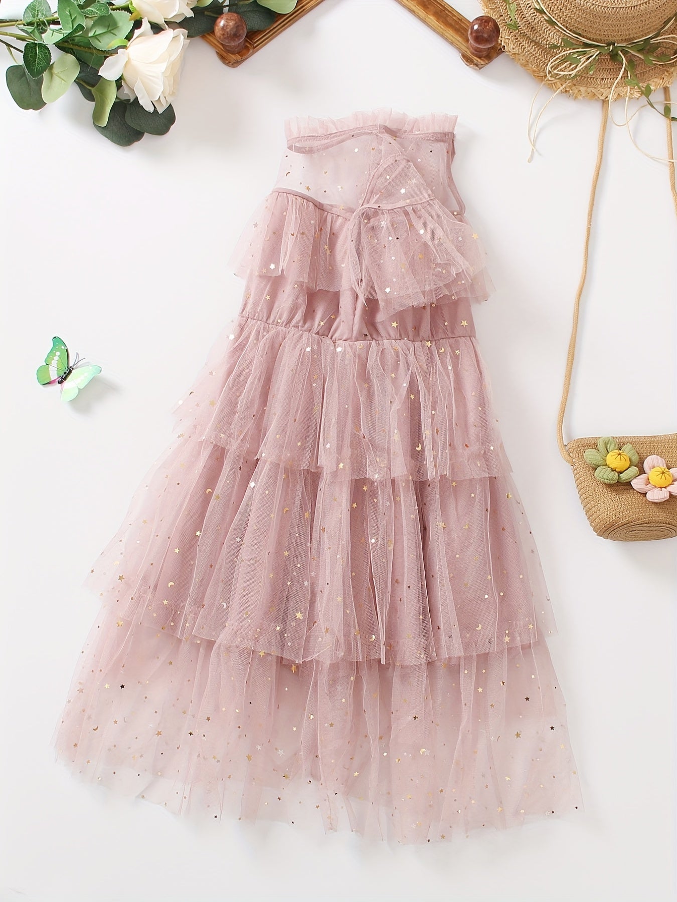 Girls Stars Ruffles Frill Neck Tulle Princess Dress Kids Summer Clothes