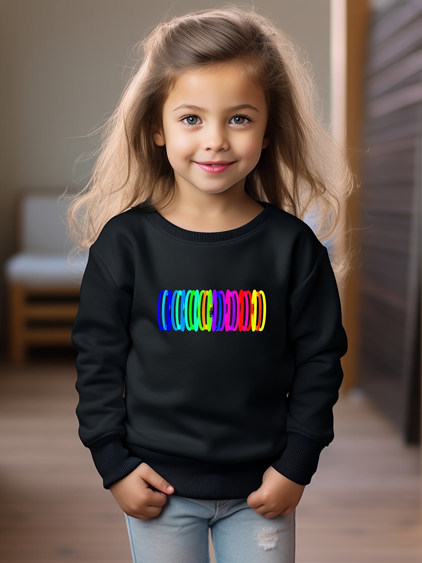 Girls Pattern Print Crew Neck Sweatshirt