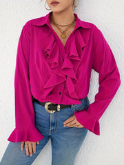 Casual Blouse Women's Plus Solid Ruffle Trim Button Up Bell Sleeve