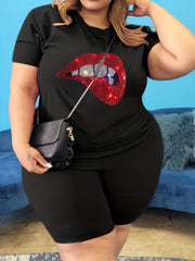 Rhinestone Lip Tee & Biker Shorts Set