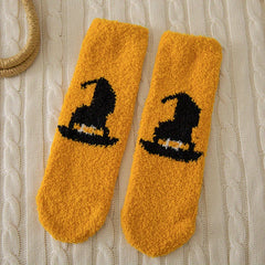 Pumpkin & Bat Print Socks & Funny Halloween Fuzzy Socks Women's