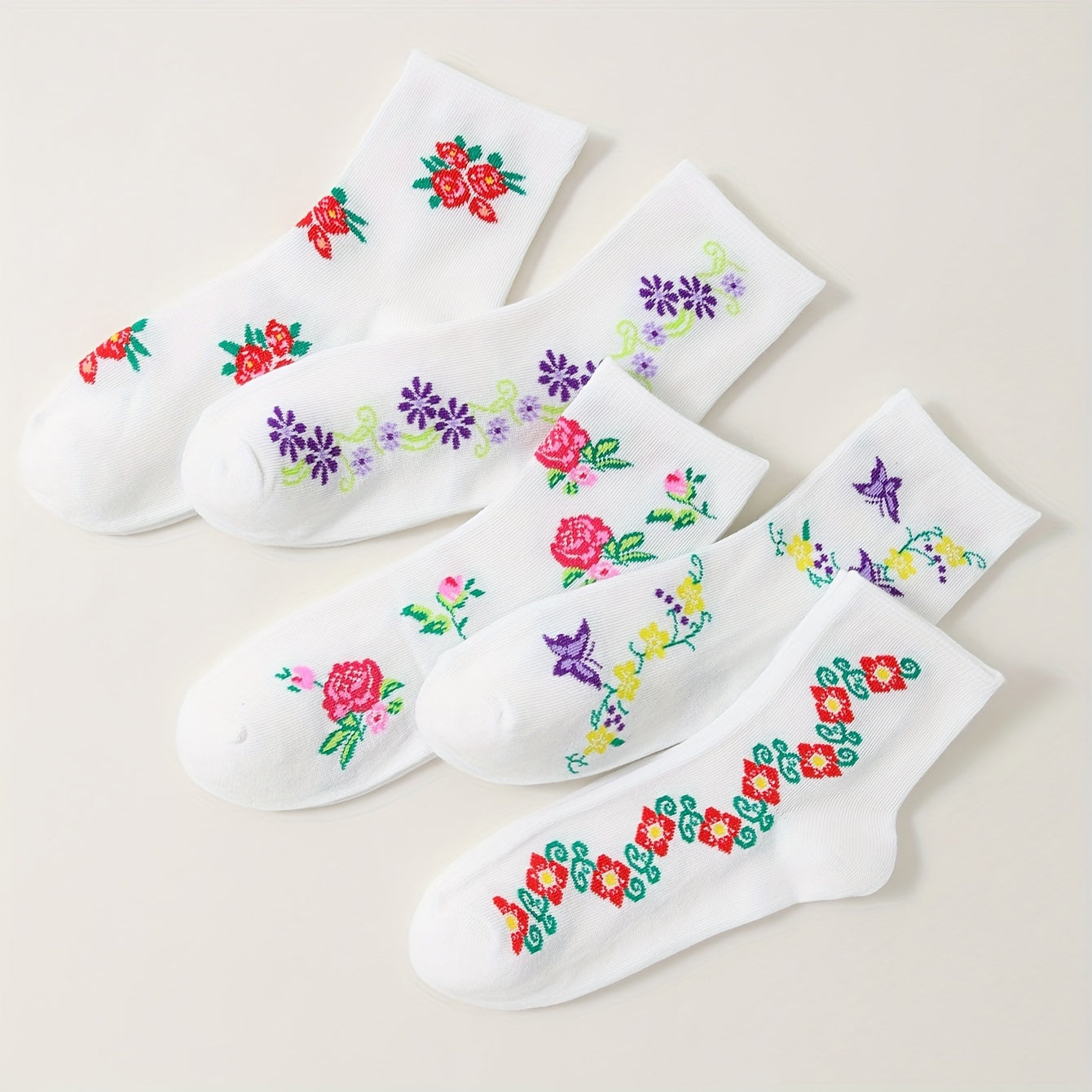 5 Pairs Floral Print Socks Mid Tube Women's Stockings