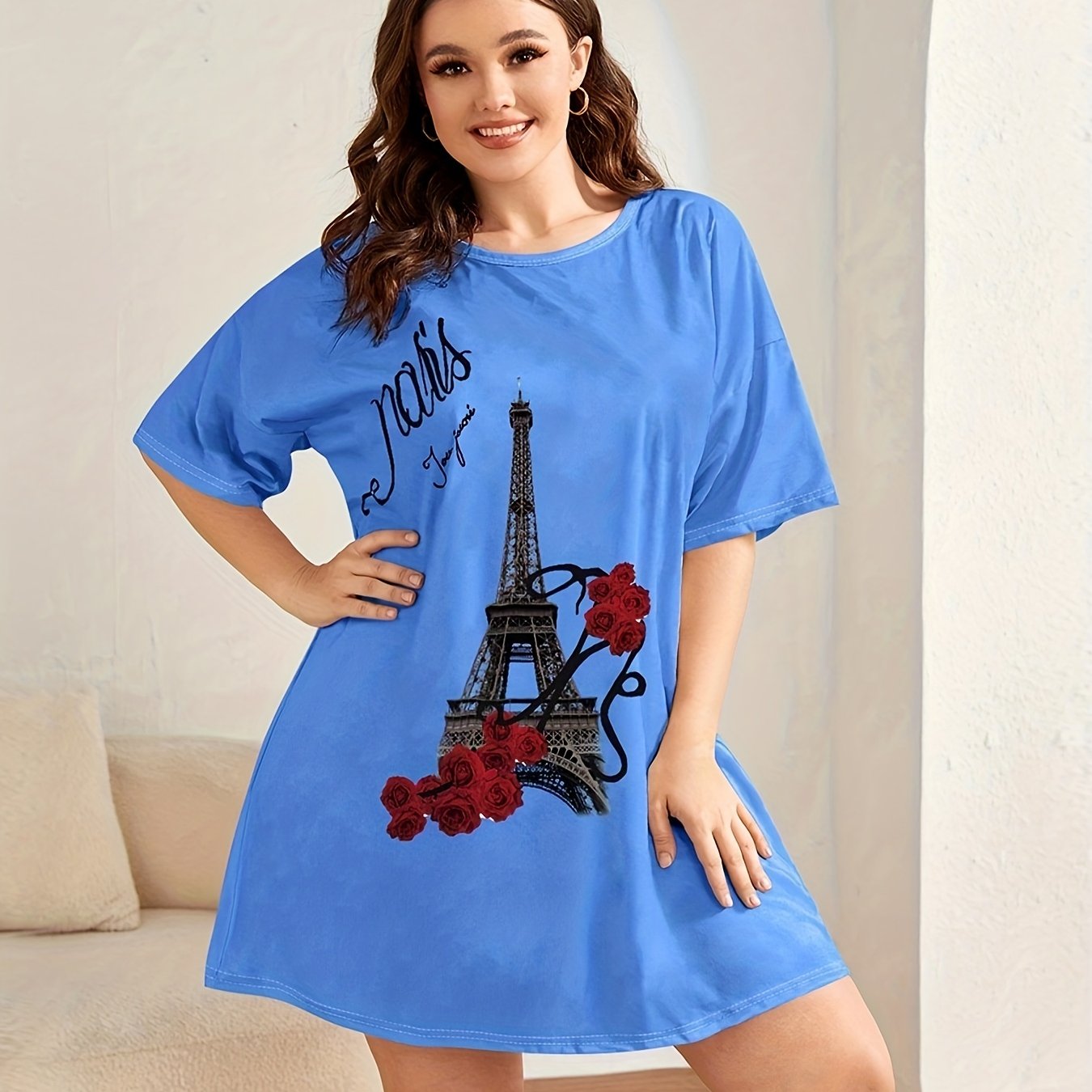Floral & Tower Print Short Sleeve Round Neck Tee Sleep Dress