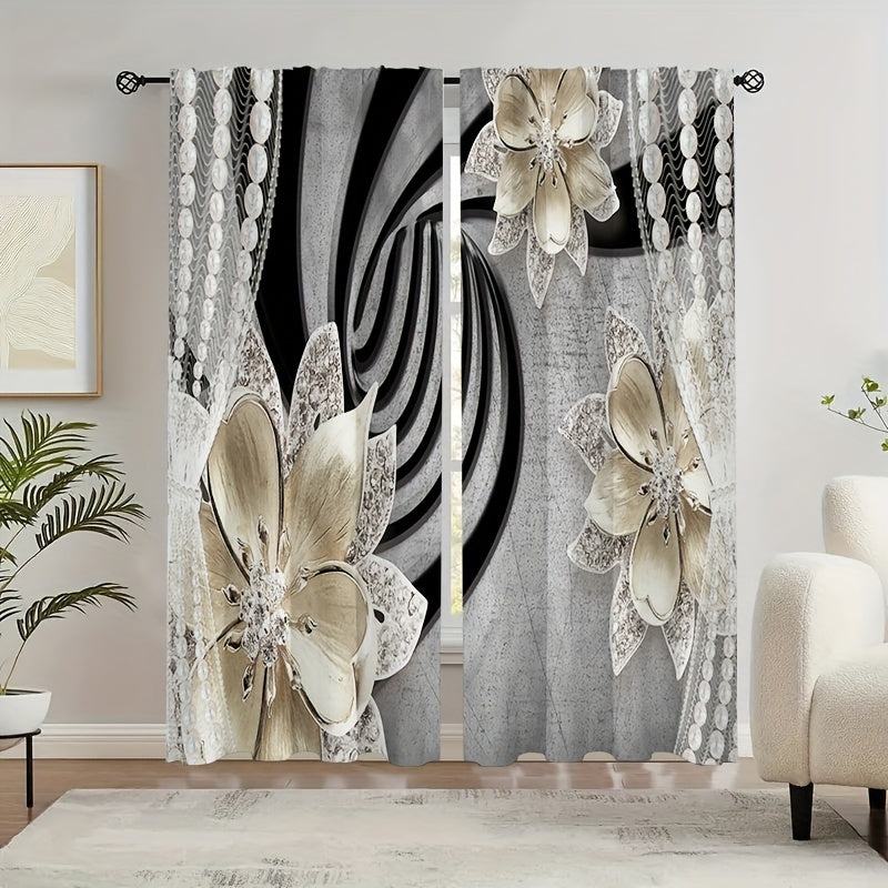 2 Panels Antique Flower Semi Blackout Curtain Rod Pocket Curtains
