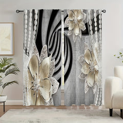 2 Panels Antique Flower Semi Blackout Curtain Rod Pocket Curtains