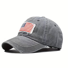 Ponytail Flag Patch Baseball Cap Gray Washed Distressed Lightweight Sun Hat