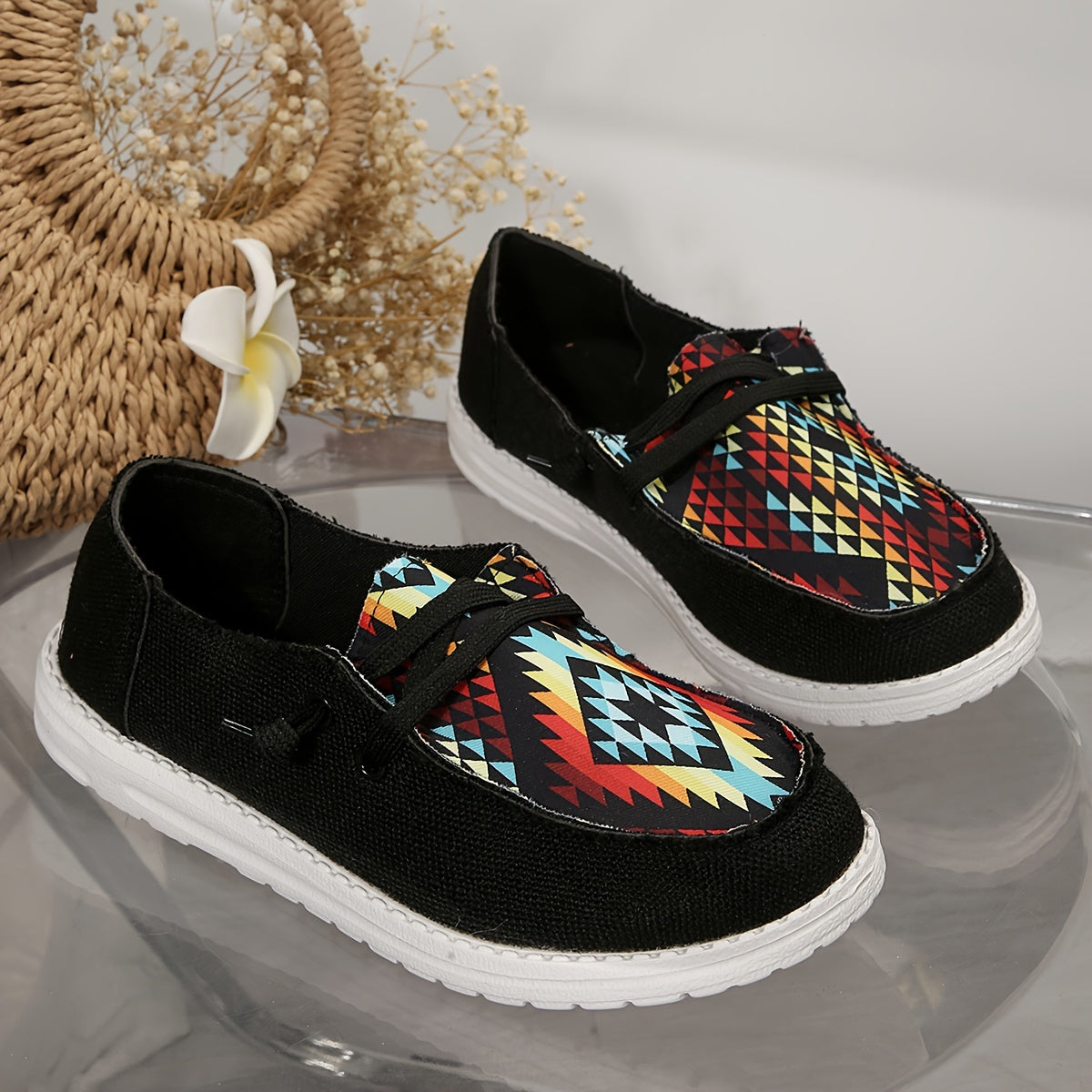 Geometric Graphic Canvas Slip-On Loafers Low Top Flat Shoes