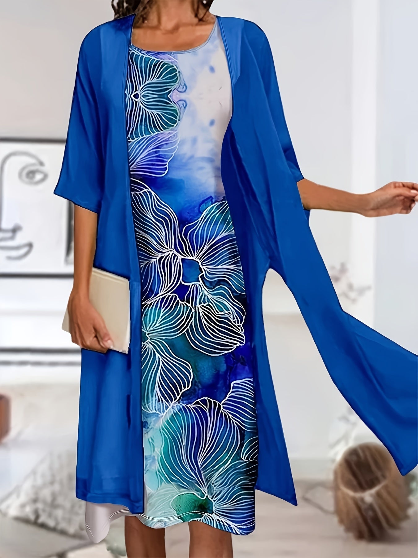 2 Piece Set Women's Solid Sleeve Cardigan & Floral Print Tank Dress