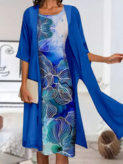 2 Piece Set Women's Solid Sleeve Cardigan & Floral Print Tank Dress