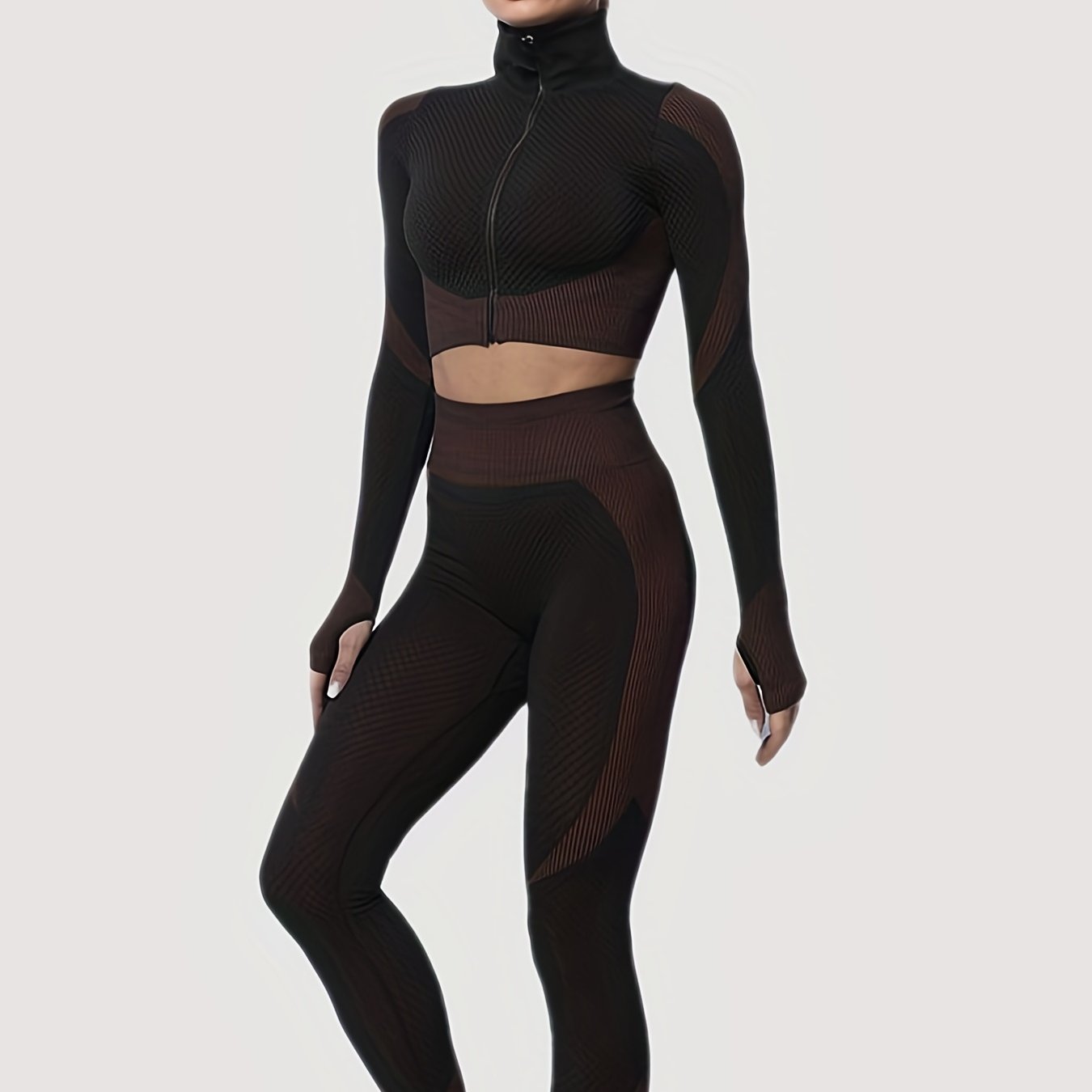 Yoga Crop Top & Leggings Set, Long Sleeve Zipper Workout, High Waist