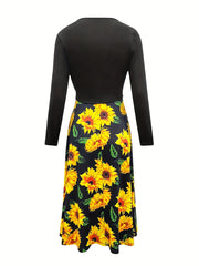 Casual Two Piece Set Knotted Open Front Tops & Sunflower Print Dress