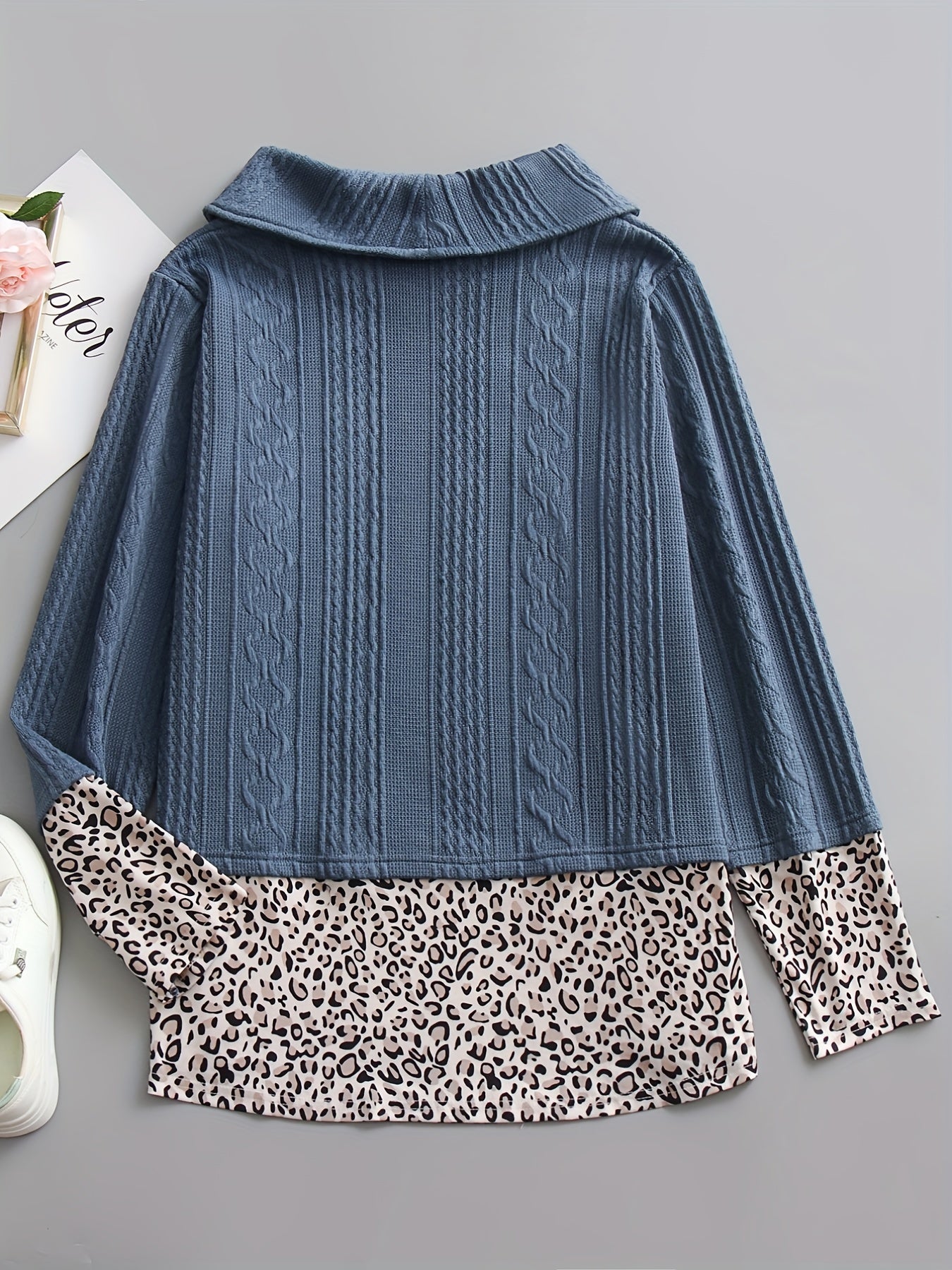 Women's Plus Leopard Print Knitted Sweater Turtle Neck Pullover