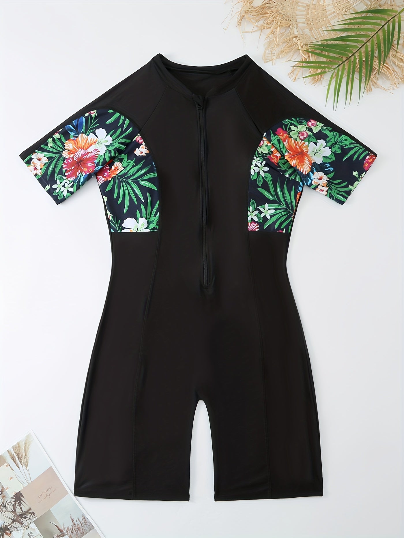Boho Swimsuit Tropical Print Short Sleeve One Piece