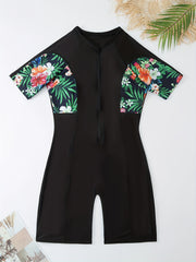 Boho Swimsuit Tropical Print Short Sleeve One Piece