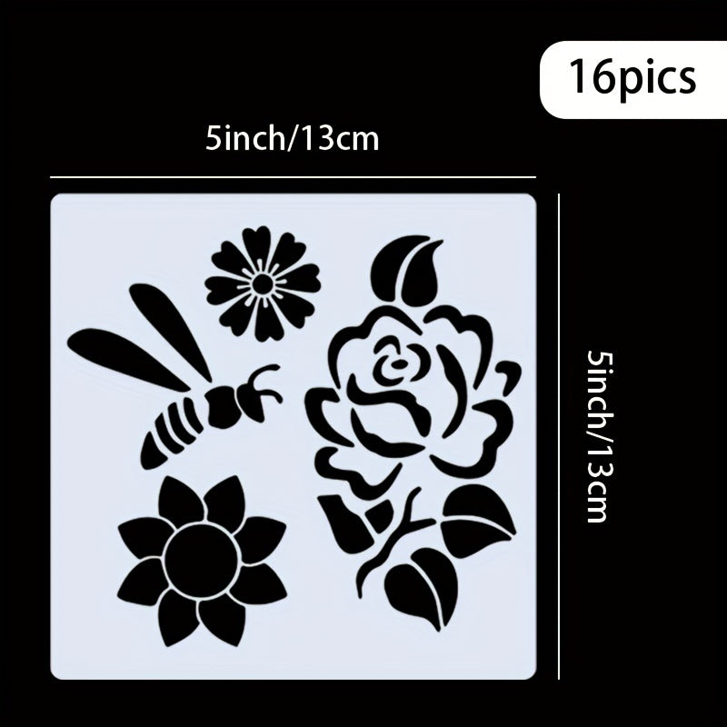 16pcs Reusable Floral Stencils Sunflower Bee Butterfly Painting Stencils