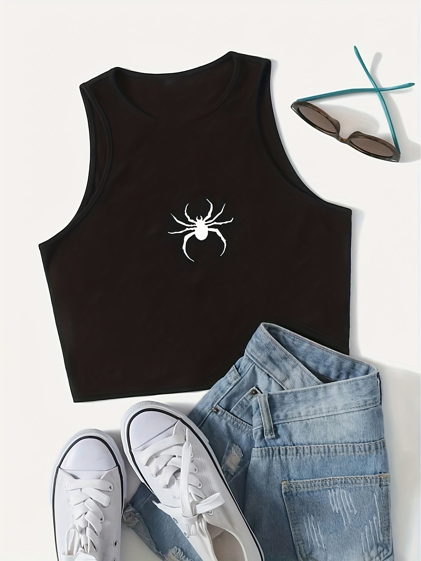 Y2K Spider Print Crop Tank Top Sleeveless for Summer