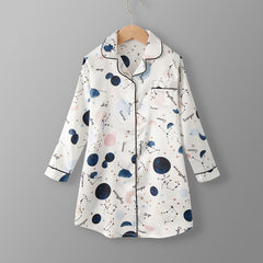 Girls Starry Sky Nightdress Long Sleeve Button Pocket Nightgown