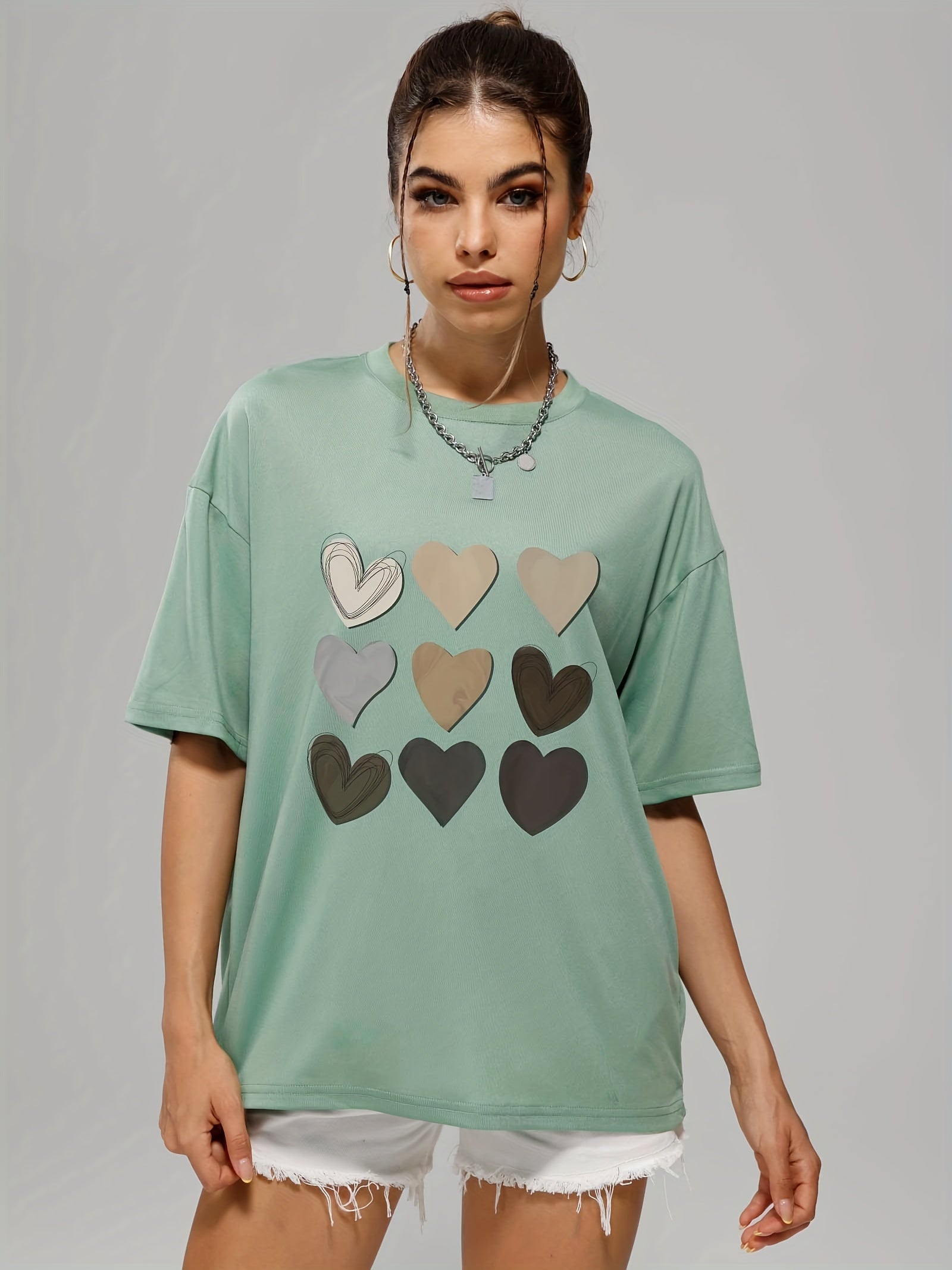 Heart Print Crew Neck T Shirt Loose Fit Short Sleeve Graphic Tee