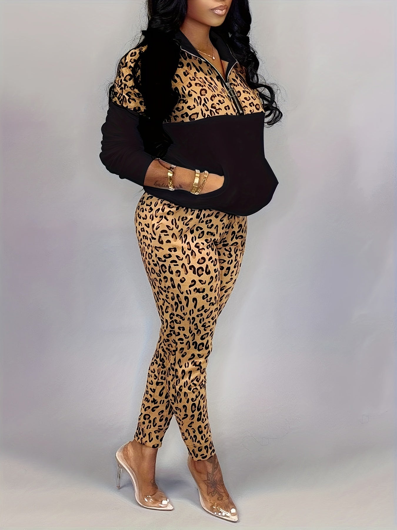 Women's Plus Colorblock Leopard Print 2 Piece Set