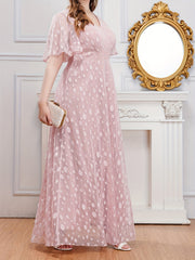 Polka Dot Mesh V Neck Maxi Evening Dress