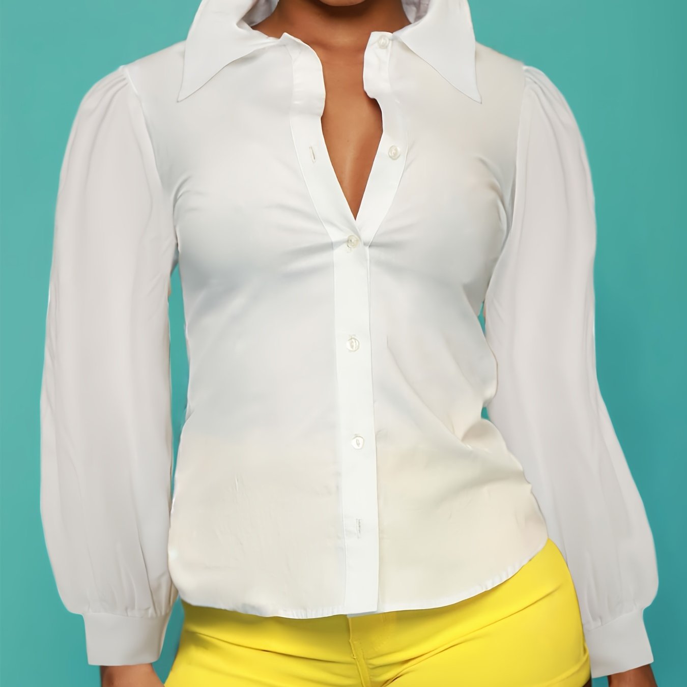 Solid Button Up Lantern Sleeve Blouse