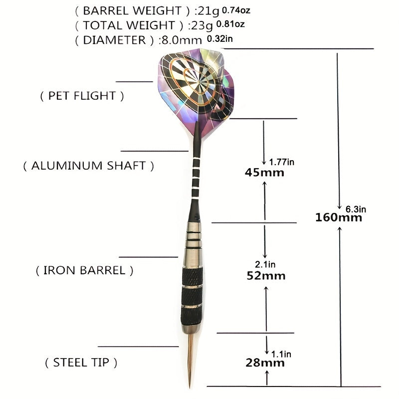 3-Piece All Metal Competition Darts Set 22g Stainless Steel Needles